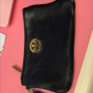 Tory Burch Black and Gold Leather Wristlet